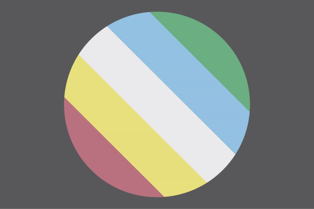 A circle with the diagonal green, blue, white, yellow, and red stripes of the disability pride flag on a grey background.